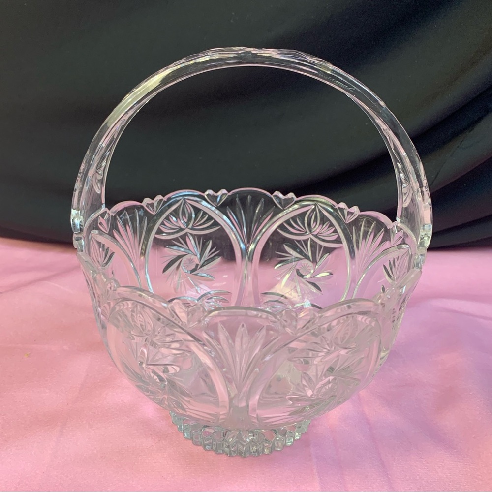 Vintage Lead Crystal Glass Basket with Handle=